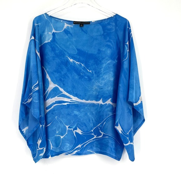 Ralph Lauren Top Womens 2 Silk Blue Boho Boho Coastal Vacation Tropical - Picture 1 of 8
